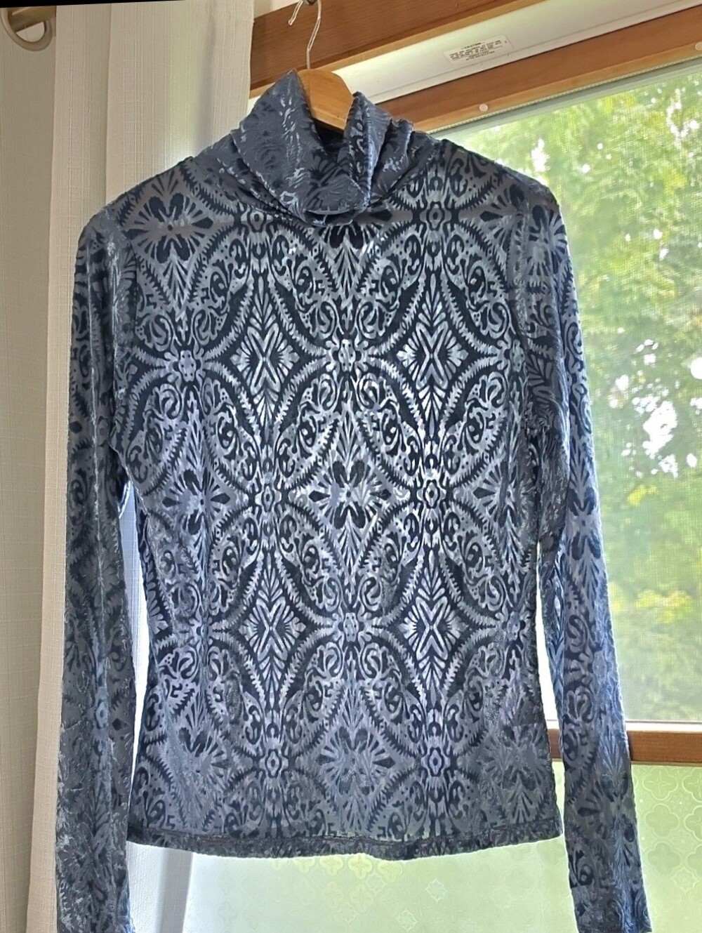 Velvet Patterned Turtleneck Long Sleeve Top - Blue